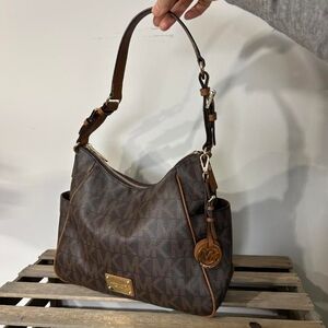 Michael Kors Brown MK Logo Leather Hobo Bag